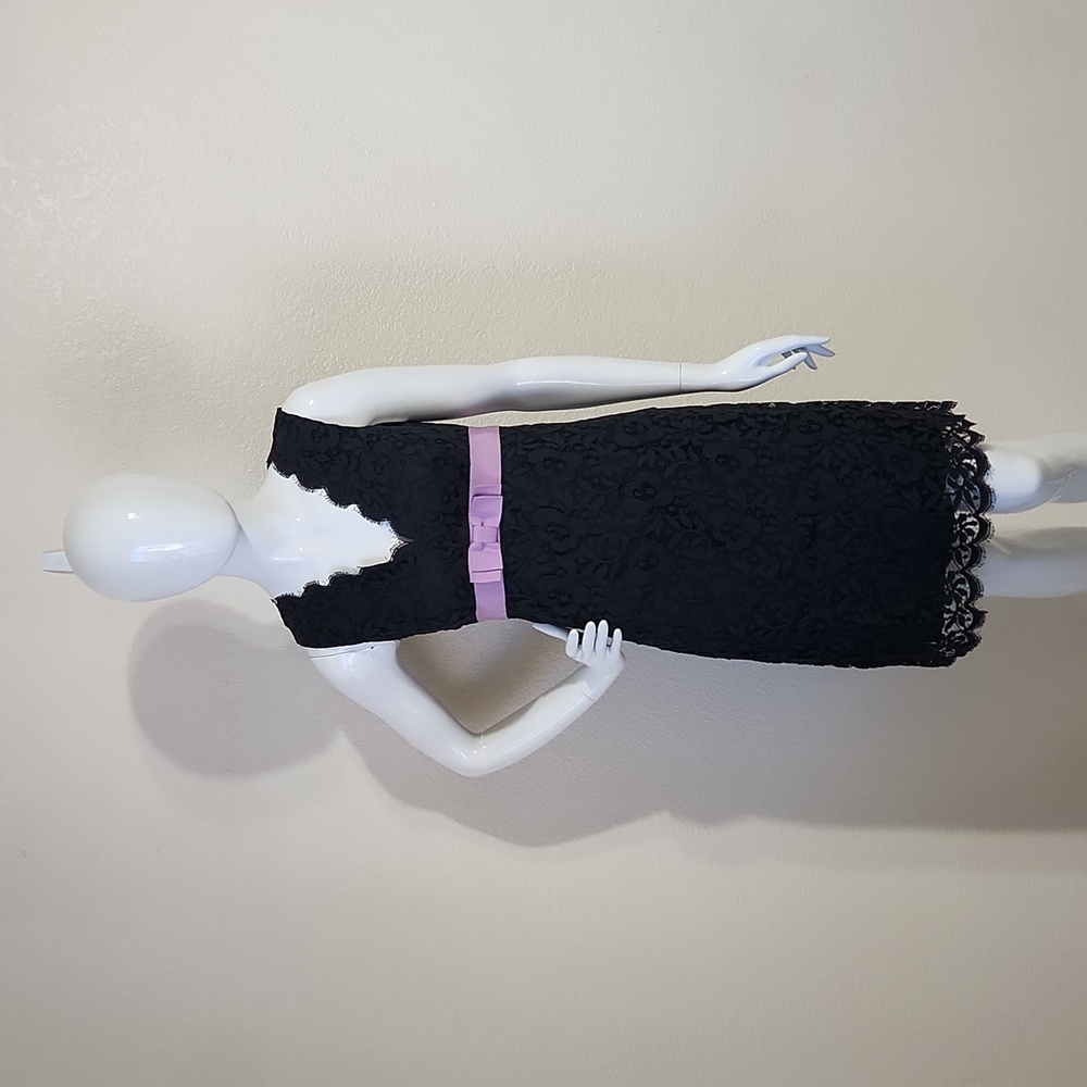 Anna Sui Anthro Black Lace Pink Bow Front Retro Knee Length Cocktail Dress 6